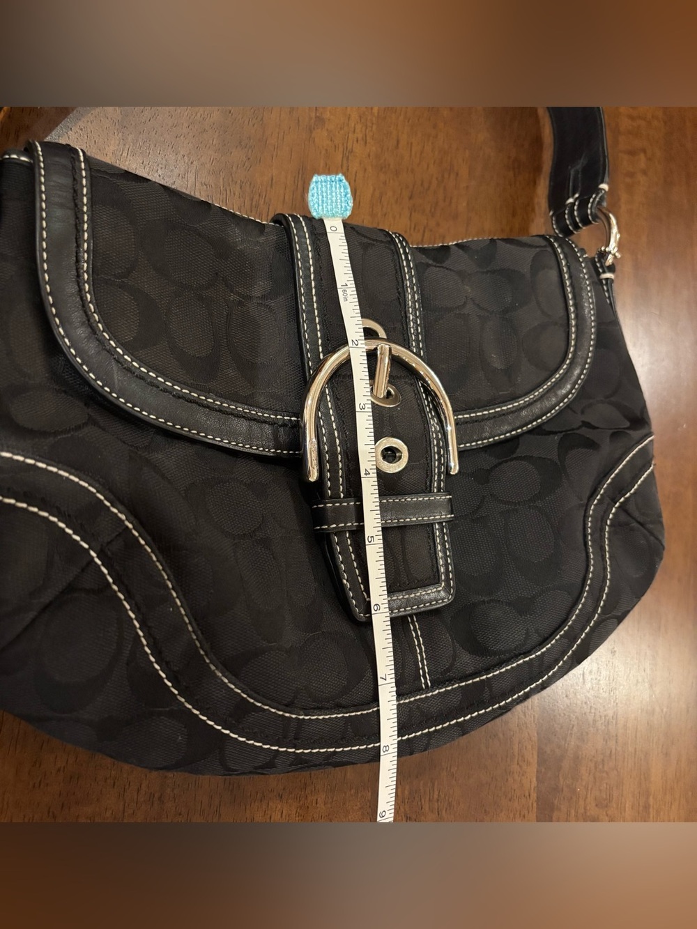 Coach F10926 Vintage Soho Black Leather & Signature Canvas Tote w/silver buckle - Picture 7 of 11
